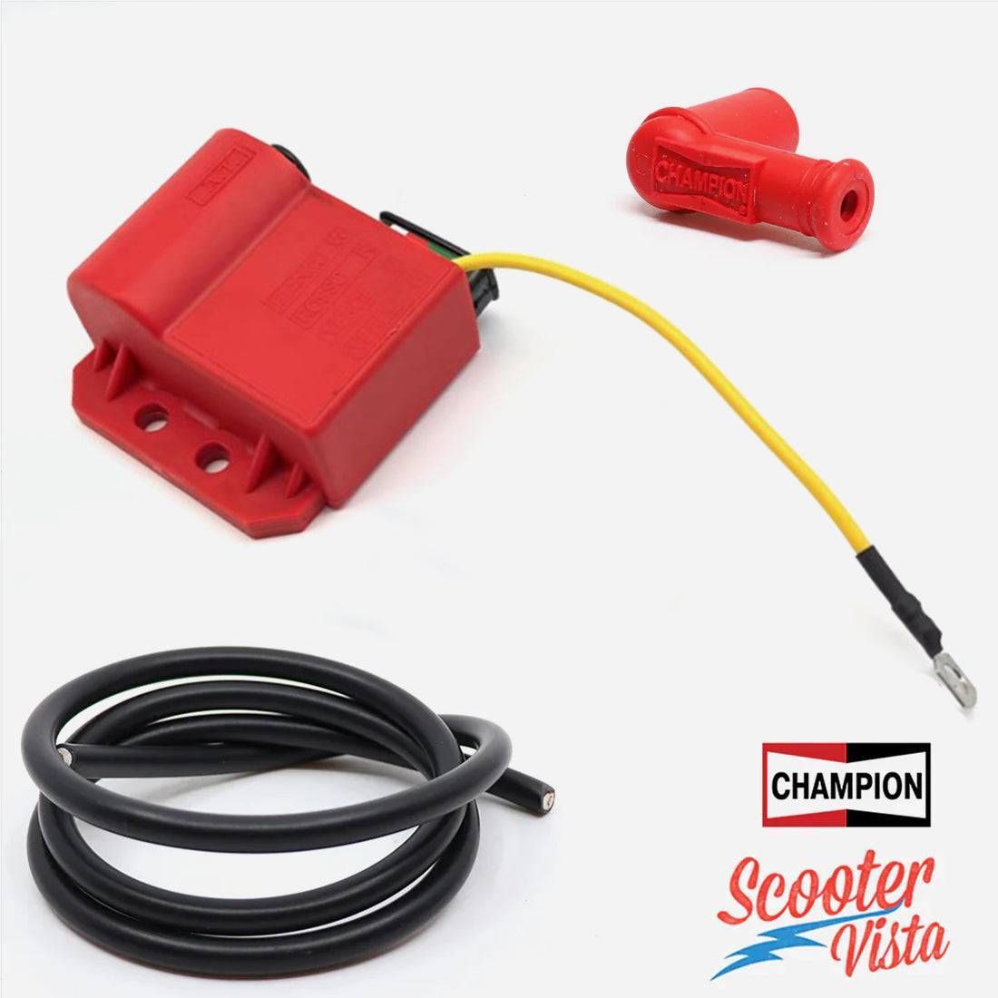 Vespa Lambretta Red 12 Volt CDI Unit, HT Lead and Champion Spark Plug Cap